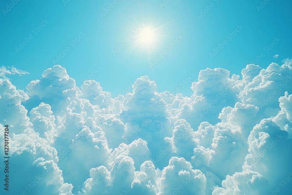 Blue Sky with Sun and Clouds on a Bright Summer Day, Offering Copy Space for Text Overlay Blue Sky with Sun and Clouds on a Bright Summer Day, Offering Copy Space for Text Overlay
