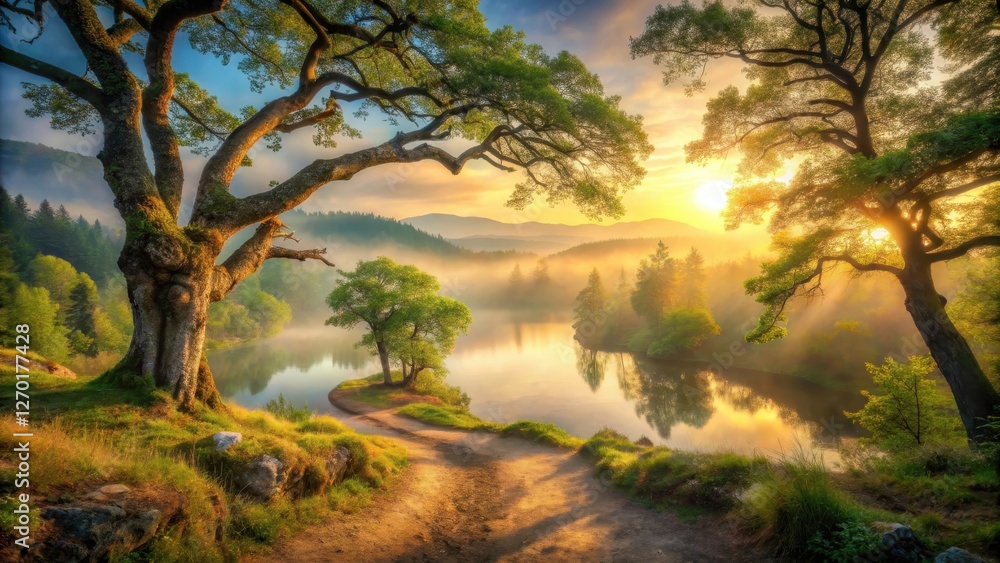 Golden Sunrise Illuminates Serene Lakeside Path Winding Through Misty Forest With Majestic Ancient Trees Golden Sunrise Illuminates Serene Lakeside Path Winding Through Misty Forest With Majestic Ancient Trees
