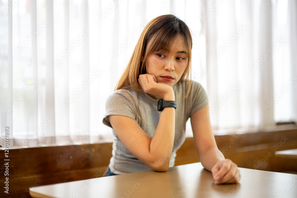 A woman is sitting at a table with her hands on her knees A woman is sitting at a table with her hands on her knees