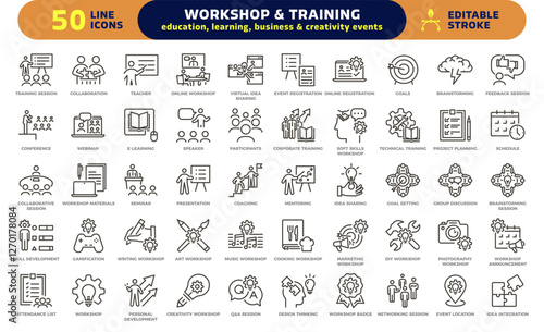 Workshop and training icon set. Thin line editable stroke icons for education, learning, business skills, creativity, coaching, mentoring, teamwork, and professional development
