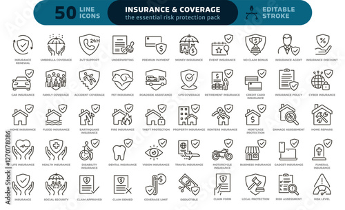 Insurance and risk protection icon set. Thin line editable stroke icons for financial security, personal and property insurance, risk management, legal coverage, and claims processing.