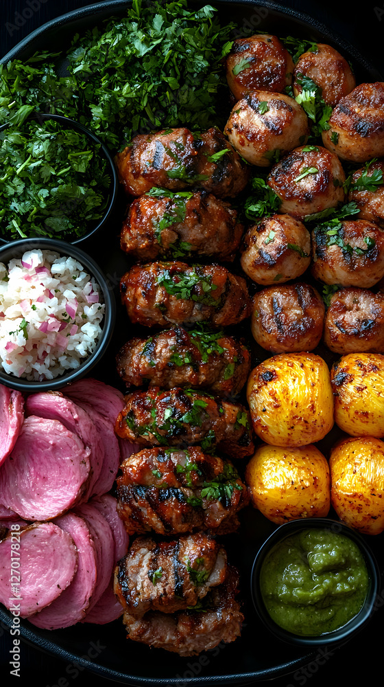 Fototapeta premium Assorted Grilled Meats And Vegetables On A Dark Plate