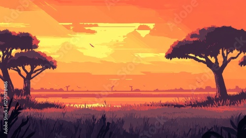 Pixelated African Sunset with Silhouette Trees and Orange Sky Landscape