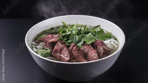 A steaming bowl of beef pho with fresh herbs and rice noodles on a dark background