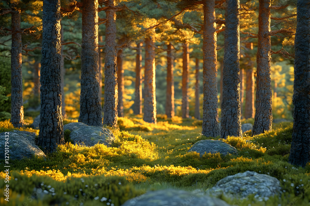 Fototapeta premium Golden Hour Pine Forest Sunlight