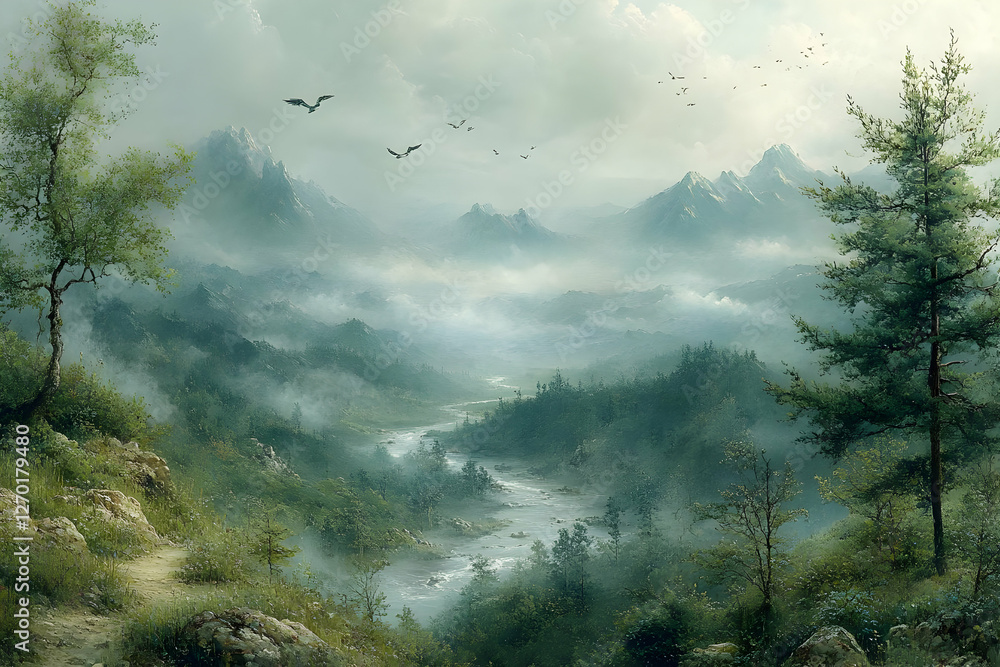 Obraz premium Misty Mountain Valley Landscape With River And Trees