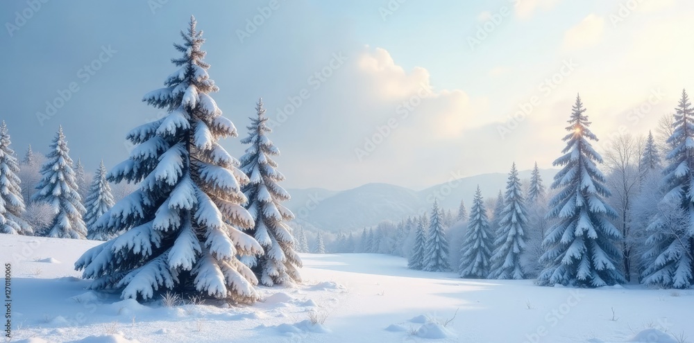 Obraz premium Snow-covered trees swaying gently in morning breeze, frozen, trees