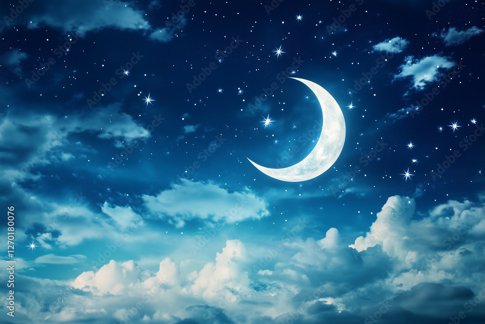 Fototapeta premium Romantic moon in starry night over clouds