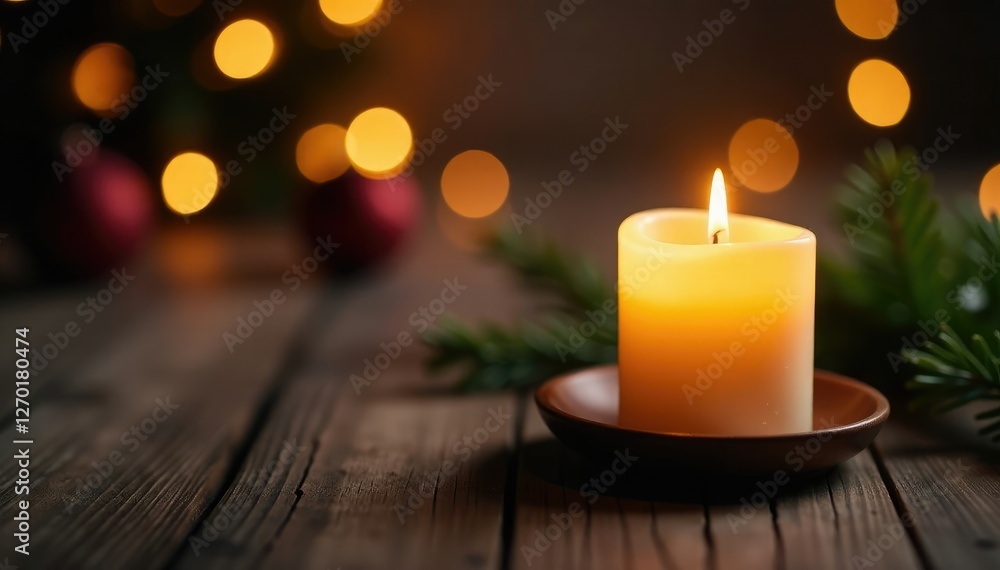 Softly glowing Christmas candle on wooden table, Cozy atmosphere, Holiday season, Christmas ambiance Softly glowing Christmas candle on wooden table, Cozy atmosphere, Holiday season, Christmas ambiance