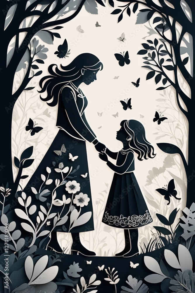 Fototapeta premium AI Generative. Heartwarming Parenting Illustration – Silhouette Paper Cut Style. 10