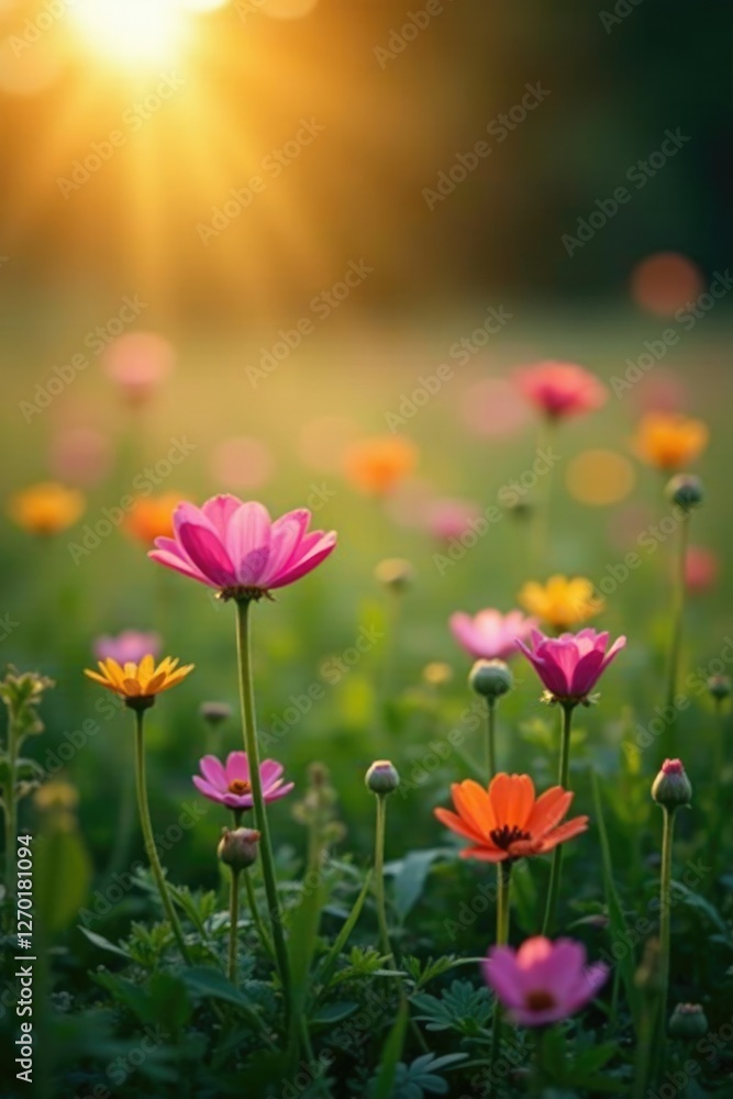 Softly glowing wildflowers in a meadow at dawn, nature, peaceful Softly glowing wildflowers in a meadow at dawn, nature, peaceful
