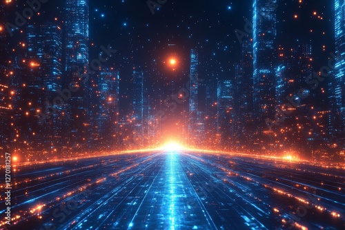 Futuristic blue cityscape with speed lines and glowing light effects illustrating high-speed internet or transport concept on a dark gradient background.