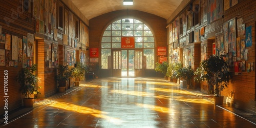 A lively dormitory hallway with posters and decorations  showcasing student life