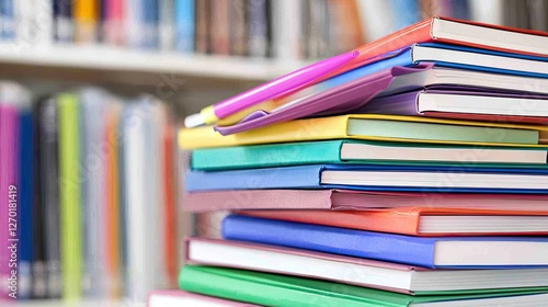Colorful stack of books with a pen on top, set against a blurred library background