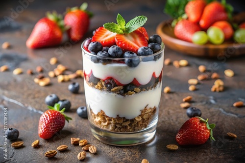 Layered dessert parfait with granola, yogurt, strawberries, and blueberries in a glass