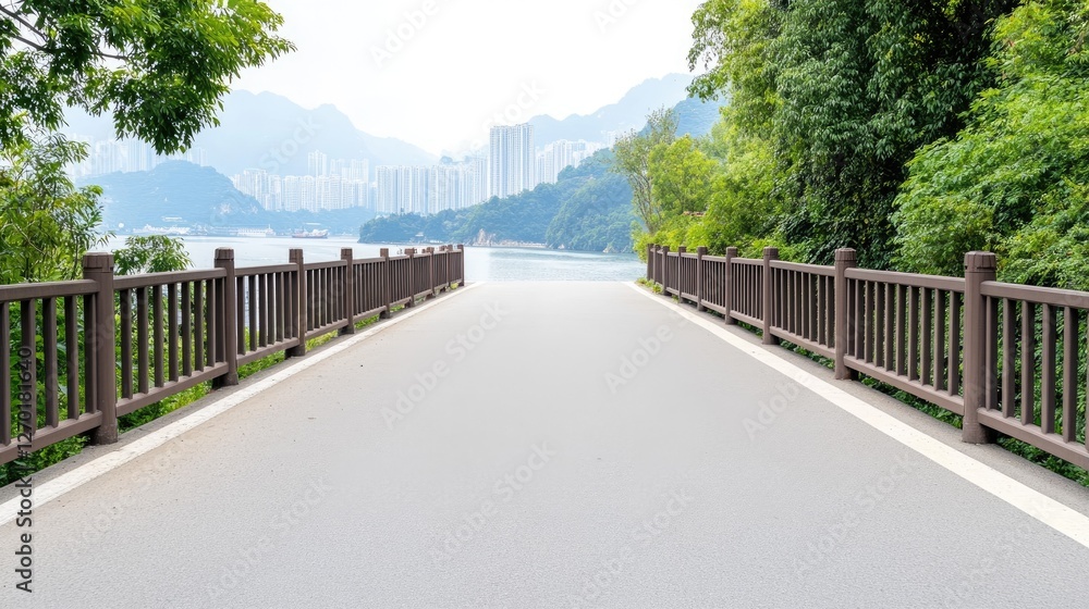 Scenic pathway leading towards a serene lake surrounded by lush greenery and distant cityscape Scenic pathway leading towards a serene lake surrounded by lush greenery and distant cityscape