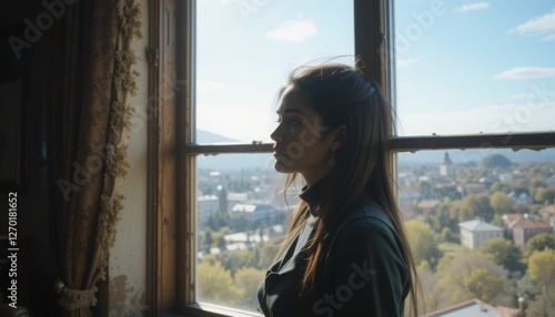 Young woman near a near window in sunny day.