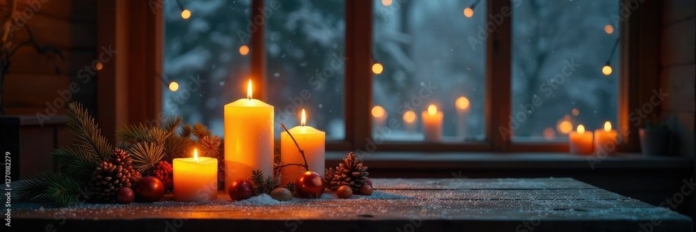 Winter evening atmosphere with burning candles on a wooden table, festivity, table Winter evening atmosphere with burning candles on a wooden table, festivity, table