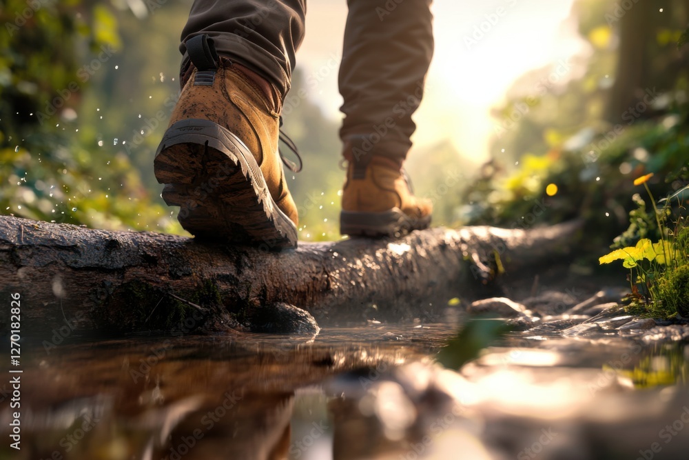Crossing a fallen tree bridge over a river on a hiking adventure