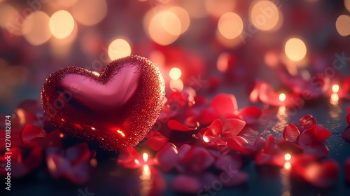 Glitter heart with rose petals background