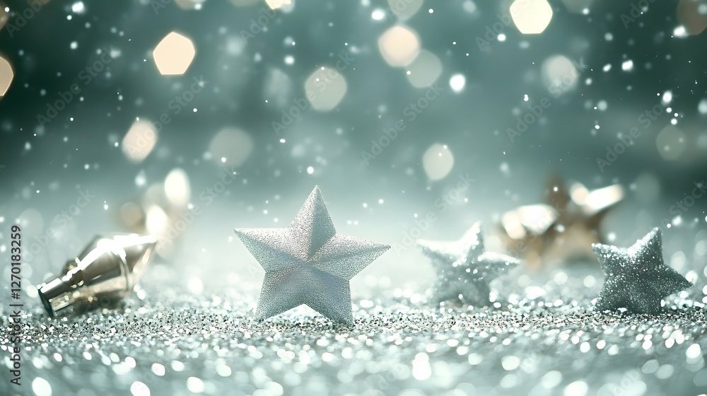 Festive silver stars on glitter, bokeh background; holiday card Festive silver stars on glitter, bokeh background; holiday card