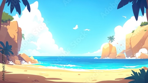 Cartoon tropical beach landscape with palm trees, cliffs and blue ocean