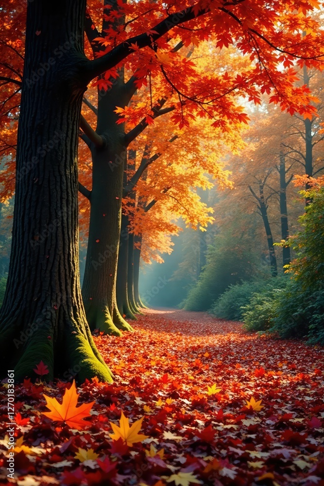 Fototapeta premium Colorful maple leaves scattered on forest floor, tree, nature, ground