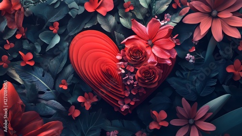 Floral heart art with roses and leaves.