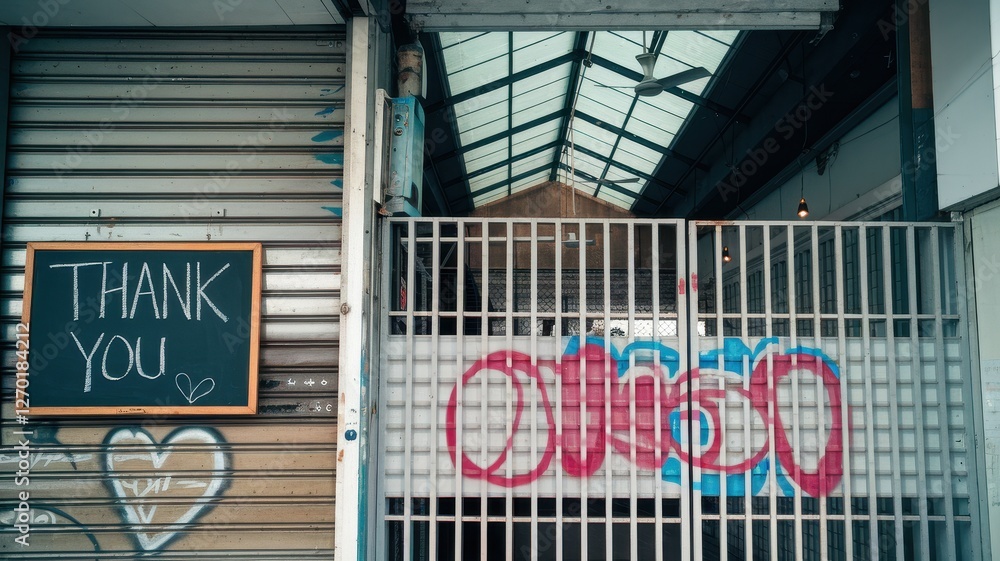 Storefront displays a thank you sign and graffiti covered gate Storefront displays a thank you sign and graffiti covered gate