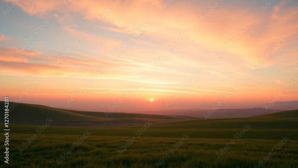 Tranquil Sunrise Over Rolling Hills and Open Fields Tranquil Sunrise Over Rolling Hills and Open Fields