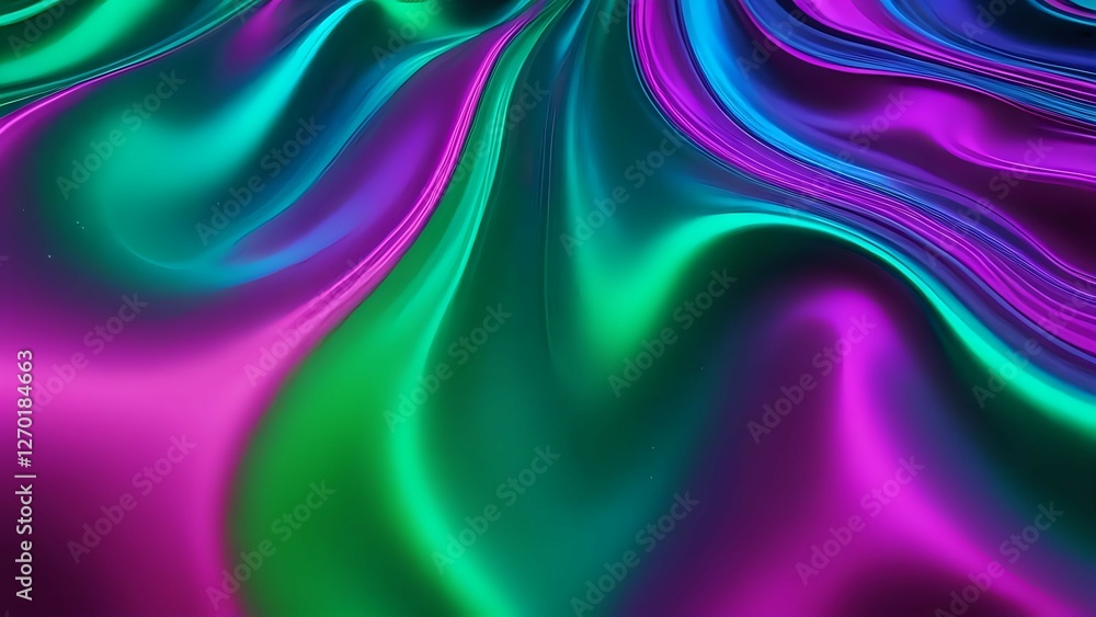 Obraz premium Iridescent holographic waves with a smooth, fluid texture in electric green and deep magenta, creating a bold and futuristic abstract background