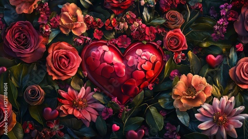 Heart nestled among flowers and green leaves