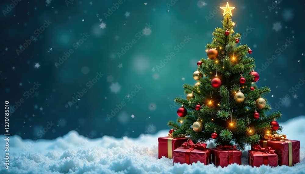 Obraz premium Evergreen Christmas tree with ornaments and presents under it, winter wonderland, Christmas trees