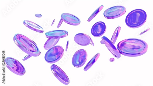 Abstract Colorful 3D Render of Flying Purple and Pink Iridescent Discs or Coins