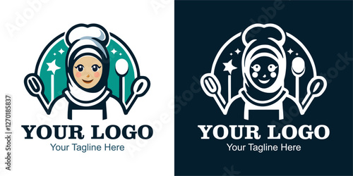 Modern Logo. Of a woman in a chef hat and hijab holding a spoon and a whisk.