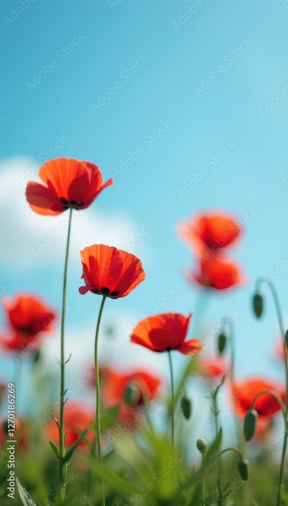 Poppies in soft focus on a serene blue sky background, bloom, focus Poppies in soft focus on a serene blue sky background, bloom, focus