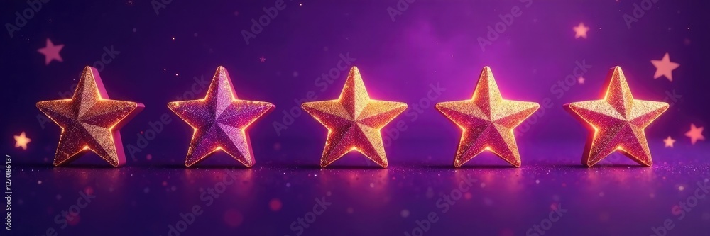 Obraz premium Purple background with five glittering gold stars and a subtle texture, starry, purple