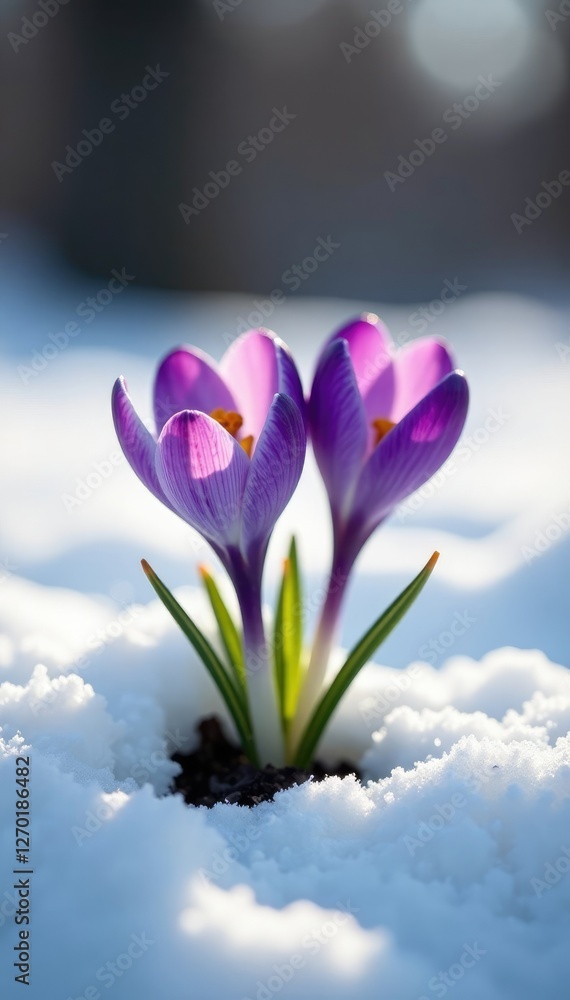 Fototapeta premium Purple crocuses sprouting from snow-covered ground, thawing ground, flowers, snow