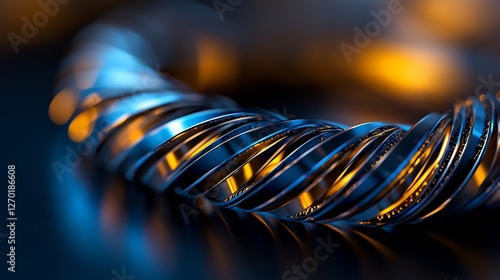 Close Up Of Shiny Golden Spiral Fragments Against Blue And Orange Background