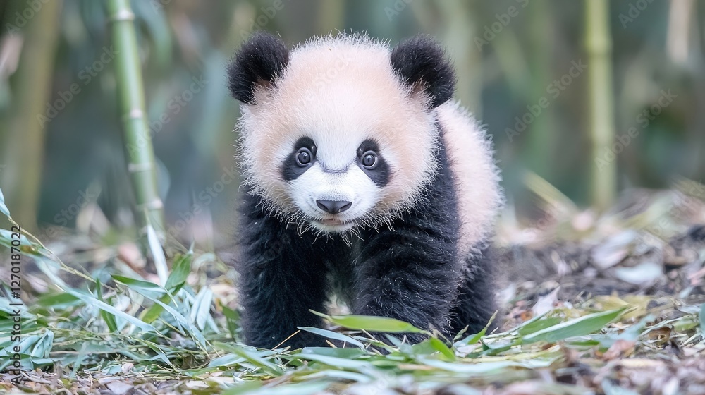 Fototapeta premium Cute Baby Panda Walking in Bamboo Forest. Possible use Stock photo for nature, animals, or conservation
