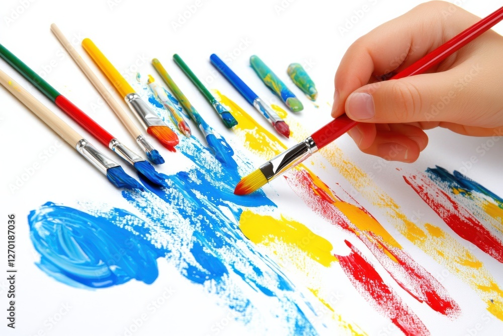 Obraz premium A close-up shot of a hand using colorful brushes to create artwork.