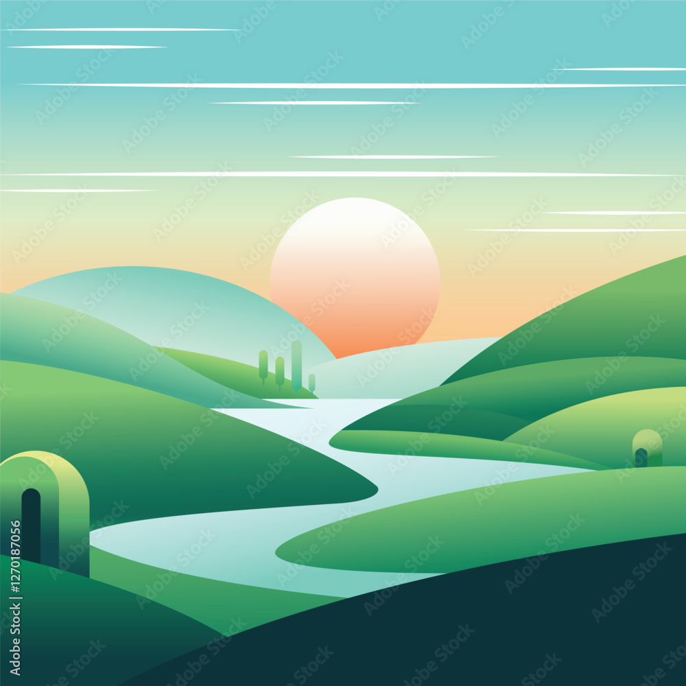 Obraz premium Tranquil Sunset Landscape with Gentle Hills