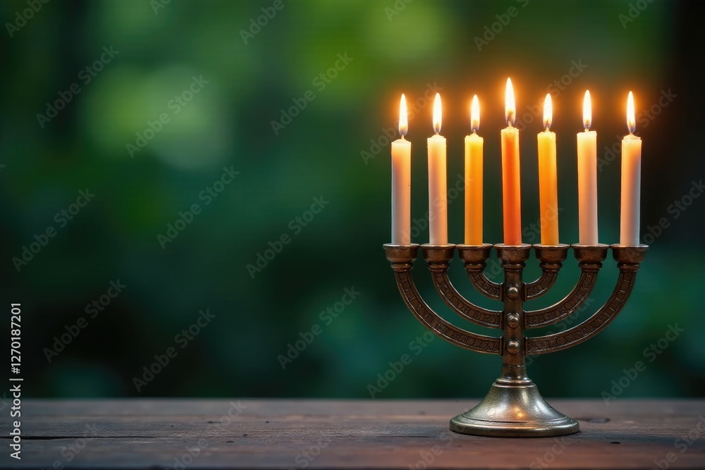 Fototapeta premium Seven candles on menorah against natural background, balance, landscape