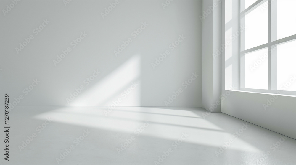 Obraz premium A bright and minimalist empty room with white walls and sunlight streaming through large windows, creating a clean and modern atmosphere