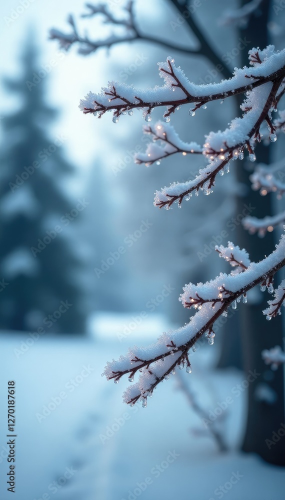 Obraz premium Snowflakes gently falling on frosty tree branches, frosty landscape, peaceful atmosphere