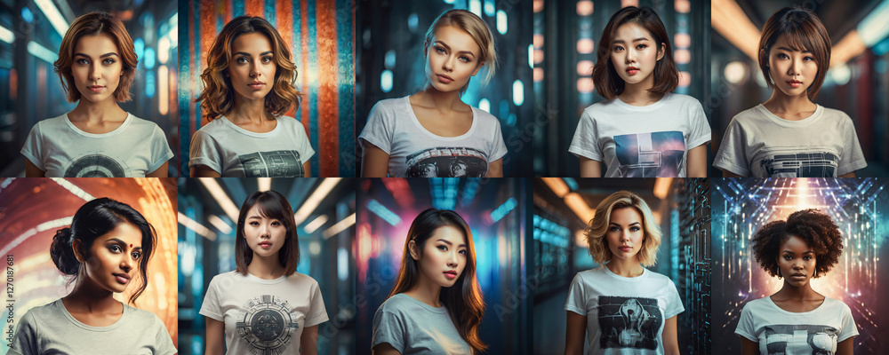 Fototapeta premium Close-up portraits of multiethnic young people on futuristic background.