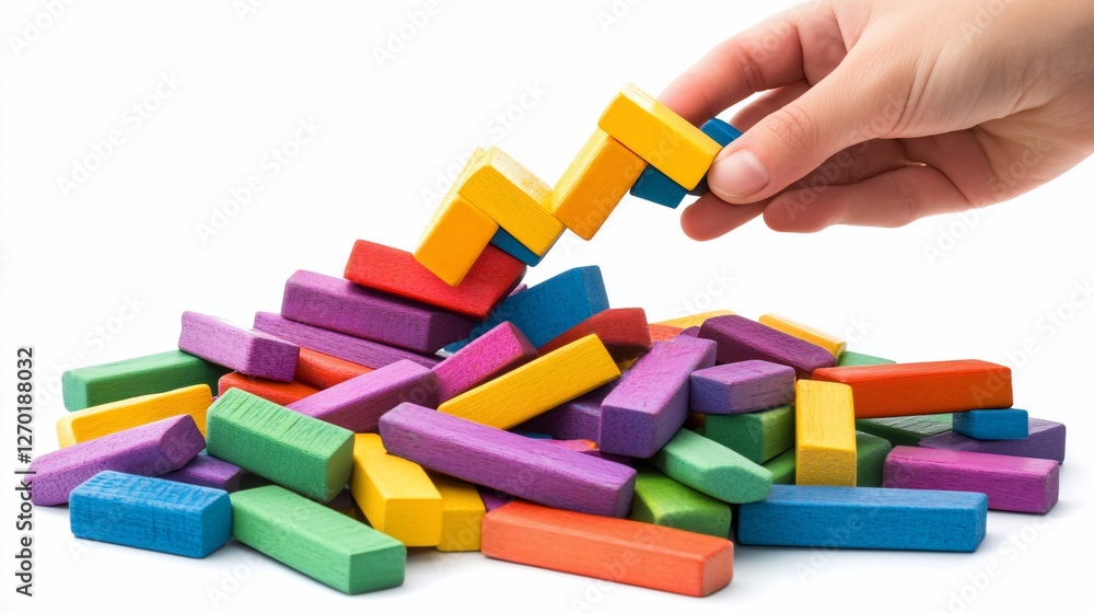 Hand placing colorful wooden block on pile, white background, problem-solving concept Hand placing colorful wooden block on pile, white background, problem-solving concept