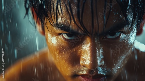 Close-up portrait of an Asian athlete focused under pouring rain photo