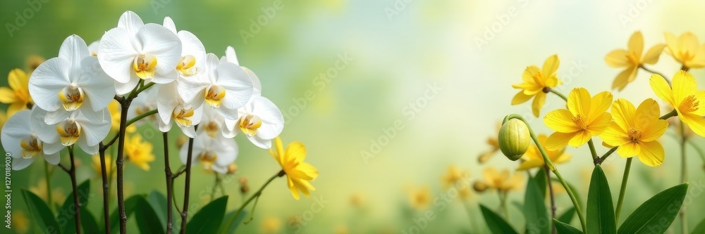 White orchids and yellow flowers in a simple, empty garden, botanical, nature, botanical White orchids and yellow flowers in a simple, empty garden, botanical, nature, botanical