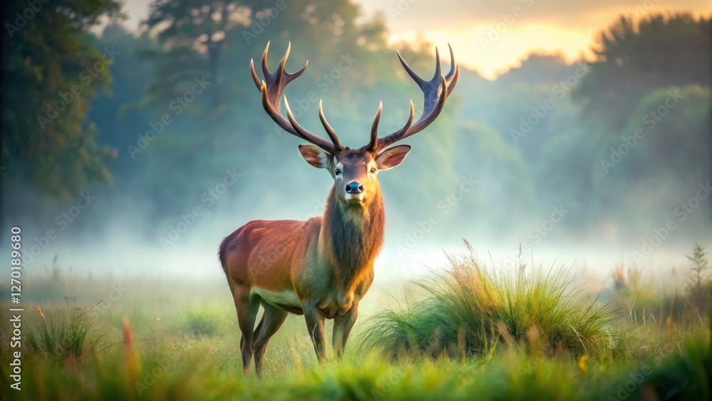 Fototapeta premium Majestic Stag in Dawn's Misty Meadow, a Breathtaking Wildlife Scene